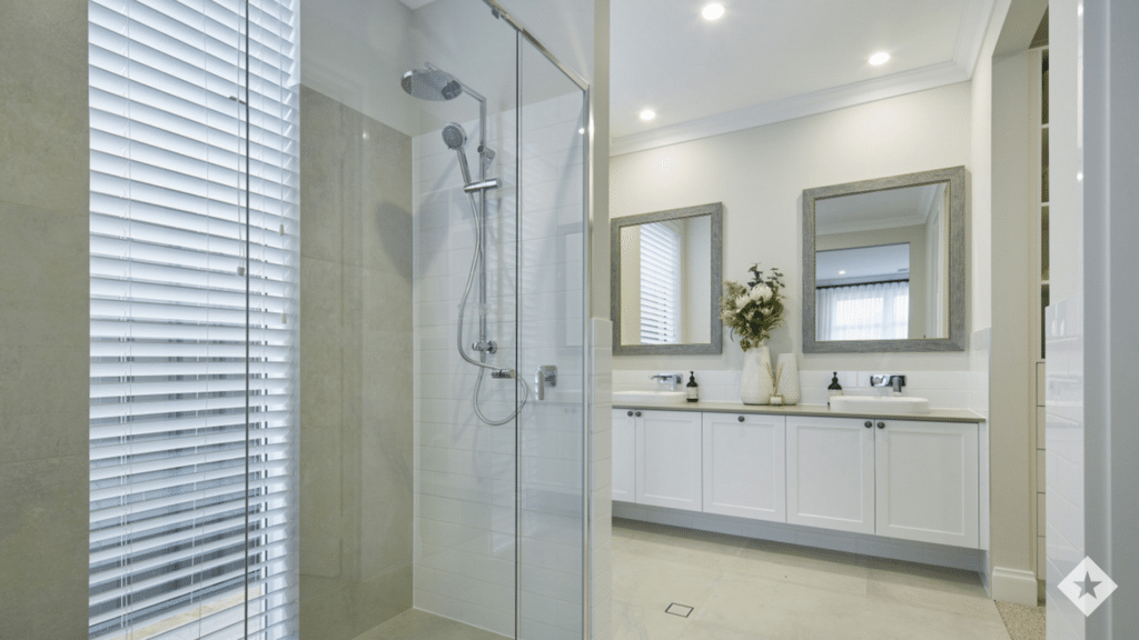 This ensuite showcases feature calcite tiles.